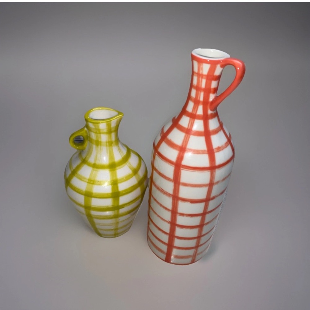 Anthropologie Hand Painted Set of 2 Bud Vases Yellow Orange Checkered